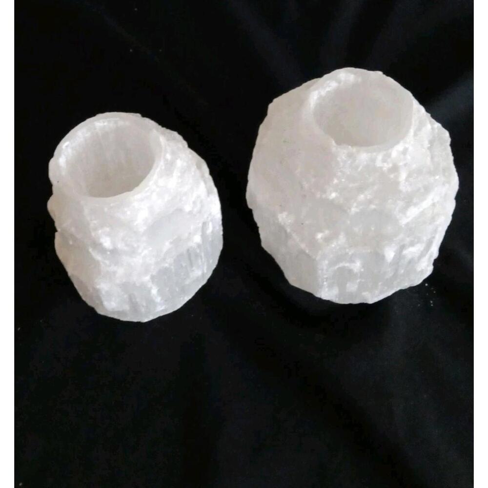 Selenite, Fibrous Variety Gypsum Crystal Set Of Tea Light Holders 5 Inches Tall